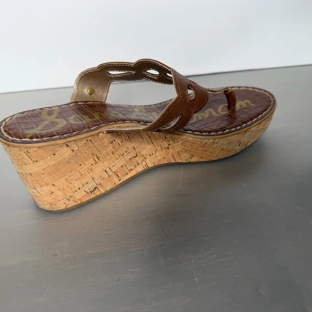 Sam Edelman Ralphie Wedge Sandals Womens 9.5 Brown Leather Cork Thong